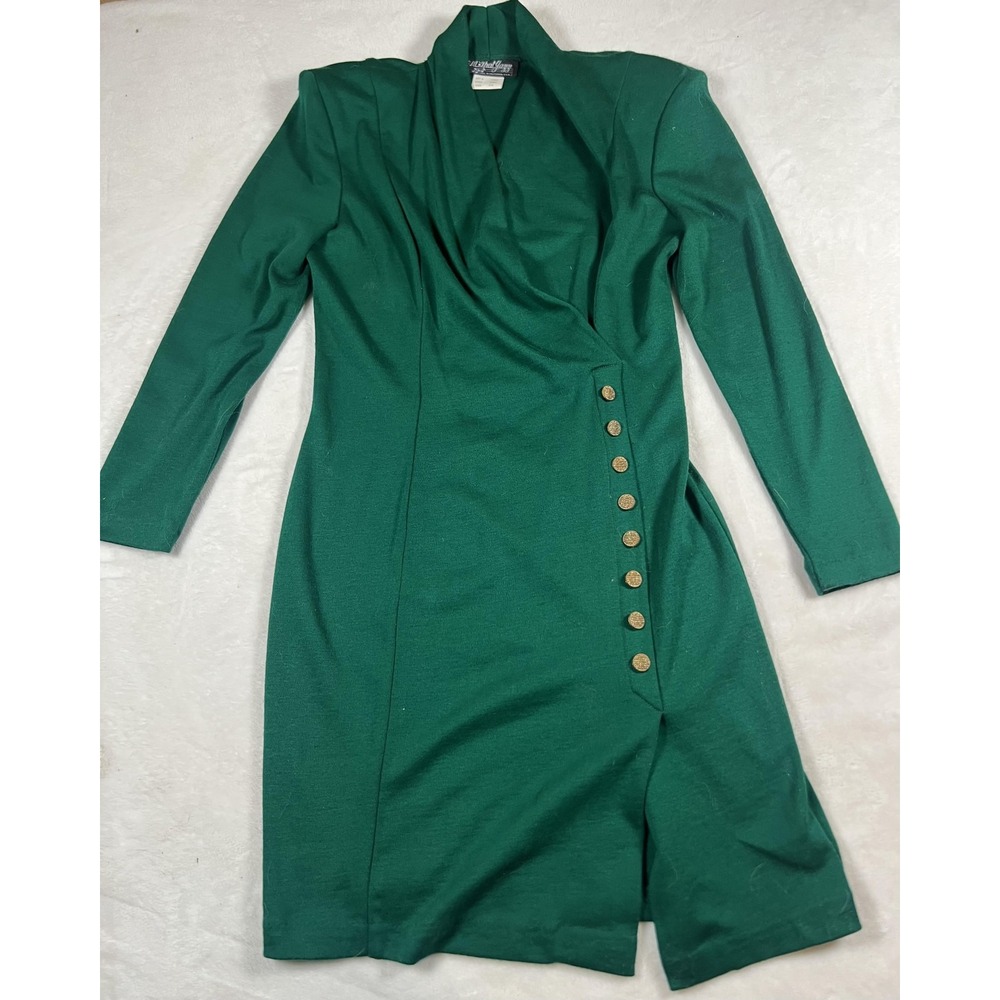 Vintage All That Jazz Dress Womens 7/8 Green Surplice Knit Button Bodycon 80s